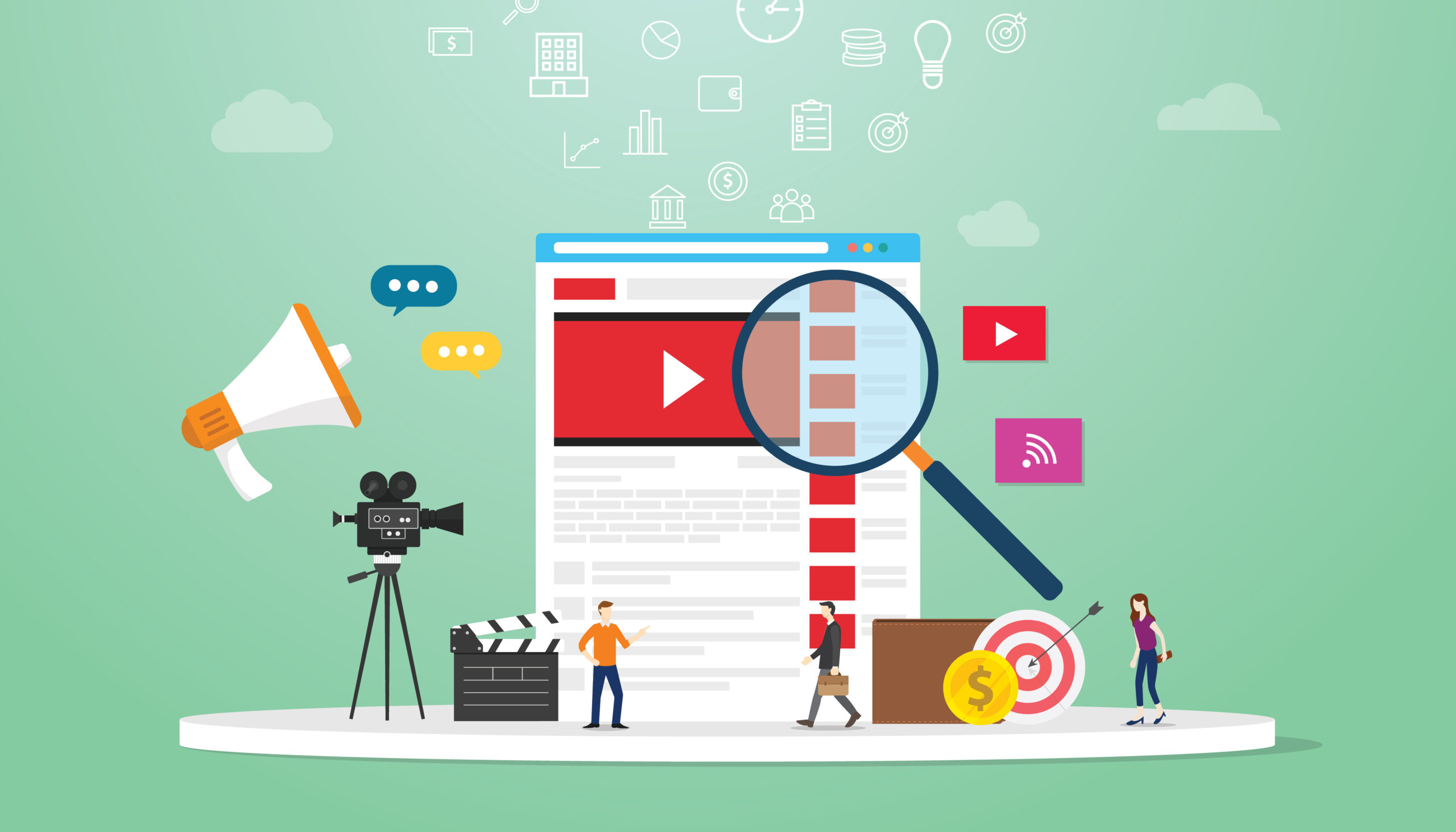 online video search concept technology with magnifying glass and business team searching on browser with modern flat style - vector